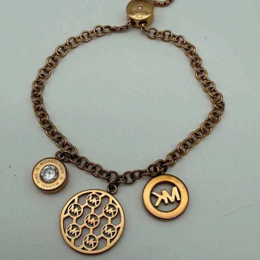Michael Kors‎ Adjustable Gold Tone Charm Bracelet MK Logo Disc